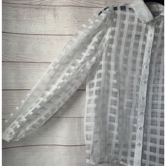 Polagram White Lattice Button Down Blouse Long Sleeve Pouf Shoulders Size Small - Picture 4 of 14